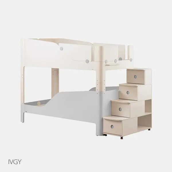 Iloom Tinkle Pop 2 Story Bed (Stairs Type) in white wood with built-in drawer stairs for storage.