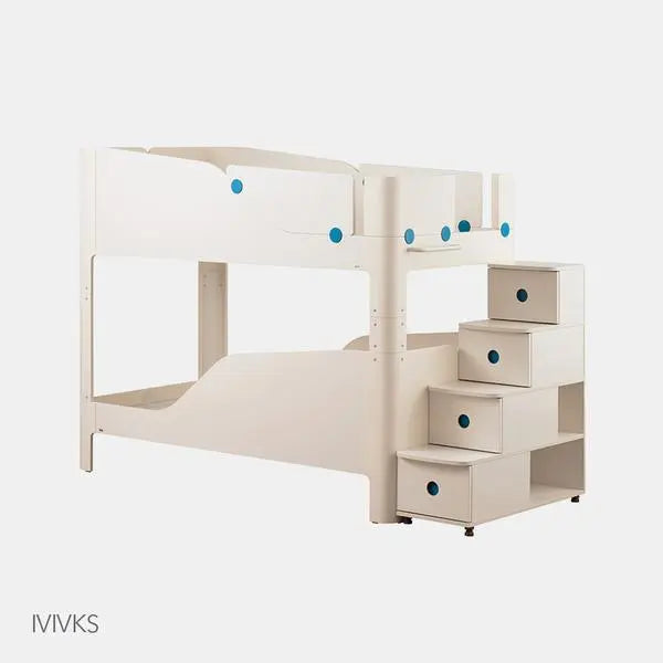 ILOOM Tinkle Pop 2-Story Bed in white with blue-knob stair drawers, a compact loft with built-in storage.