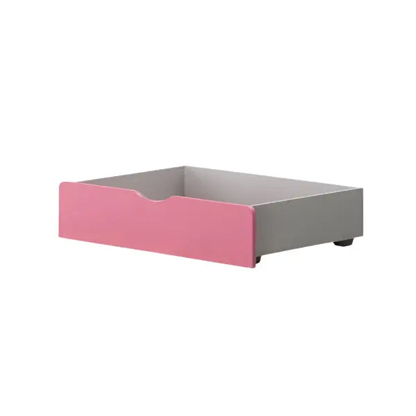 ILoom Tinkle Pop Bed Drawer with pink front and gray body, pulled out to reveal toddler-bed storage.