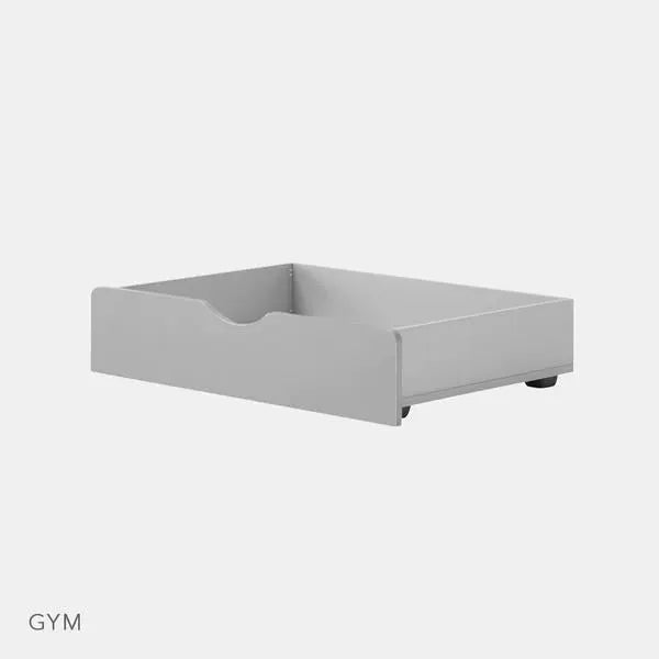 Iloom Tinkle Pop Bed Drawer in gray, under-bed toddler storage, pulled out on wheels.
