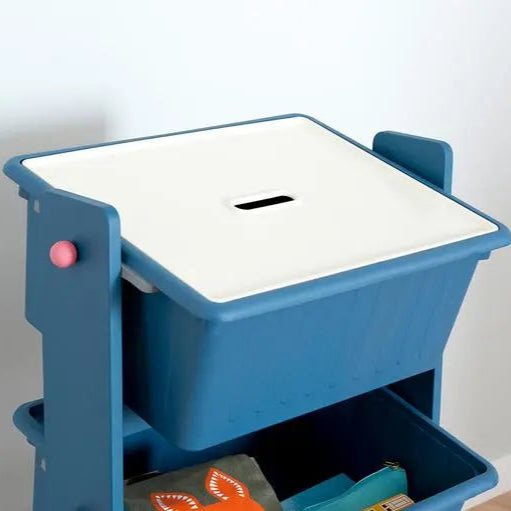 Iloom Tinkle Pop Kids PL Storage cart in blue with white lid; a lower drawer pulls out to reveal toys.