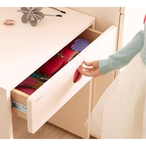 Iloom Tinkle Pop Make-Up Table, white finish; open drawer filled with colorful makeup items