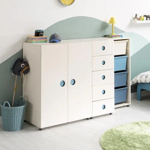 ILOOM Tinkle Pop Wardrobe 800W white storage cabinet with blue round handles; blue bins in pull-out shelves.