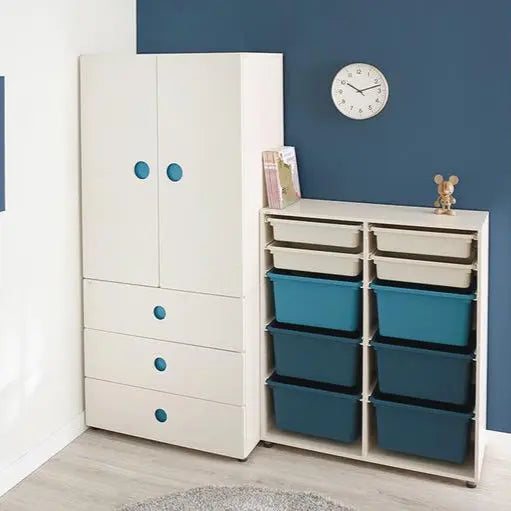 Iloom Tinkle Pop Wardrobe 800W: white storage cabinet with teal bins neatly stacked in cubbies.