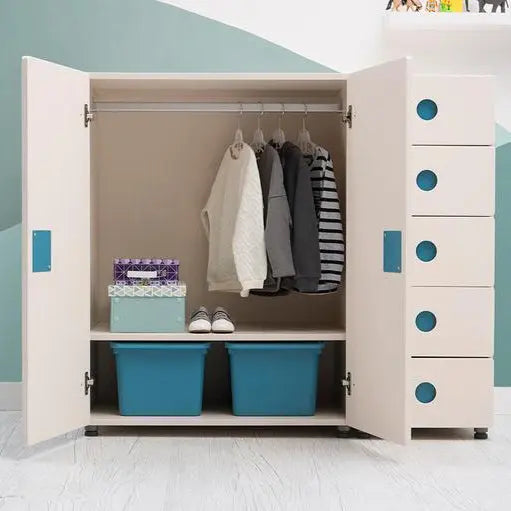 Iloom Tinkle Pop Wardrobe 800W: white wardrobe with open doors, hanging clothes and blue bins.