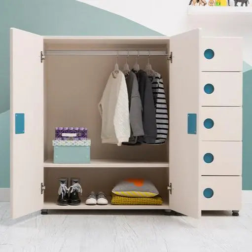 Iloom Tinkle Pop Wardrobe 800W, white wardrobe with blue round handles, doors open to reveal hanging clothes and shelves.