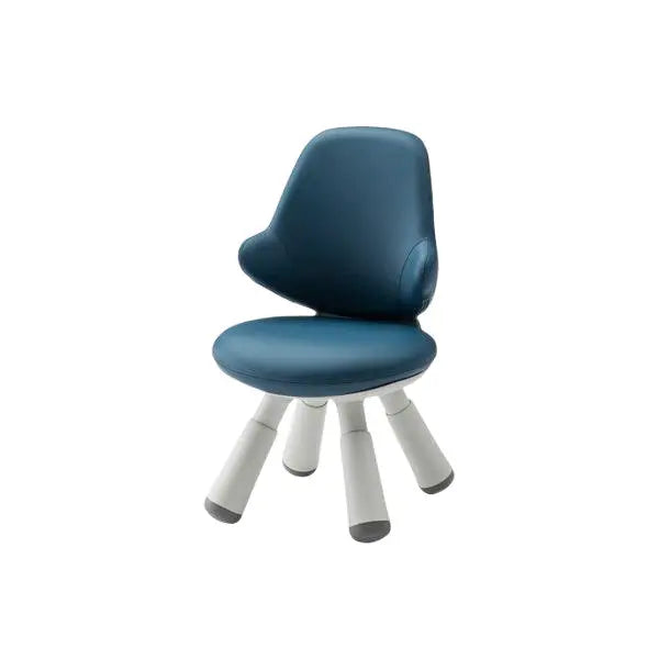 ILOOM Wing Kids Chair blue faux-leather seat with white angled legs, showcasing stable splayed base.