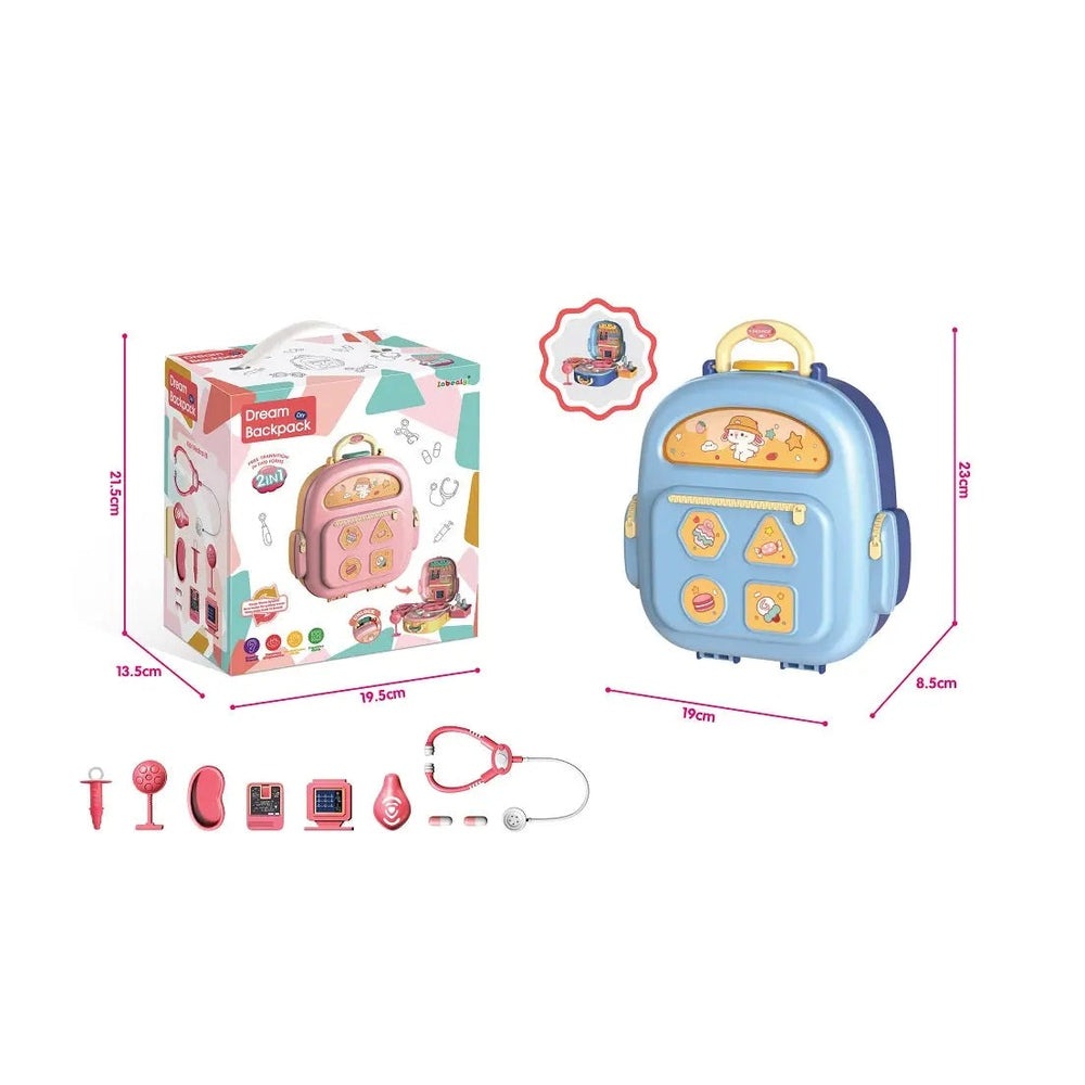Inbealy Dream Backpack Doctor set: pink mini backpack and blue doctor backpack with yellow handle, shown with toy medical tools.