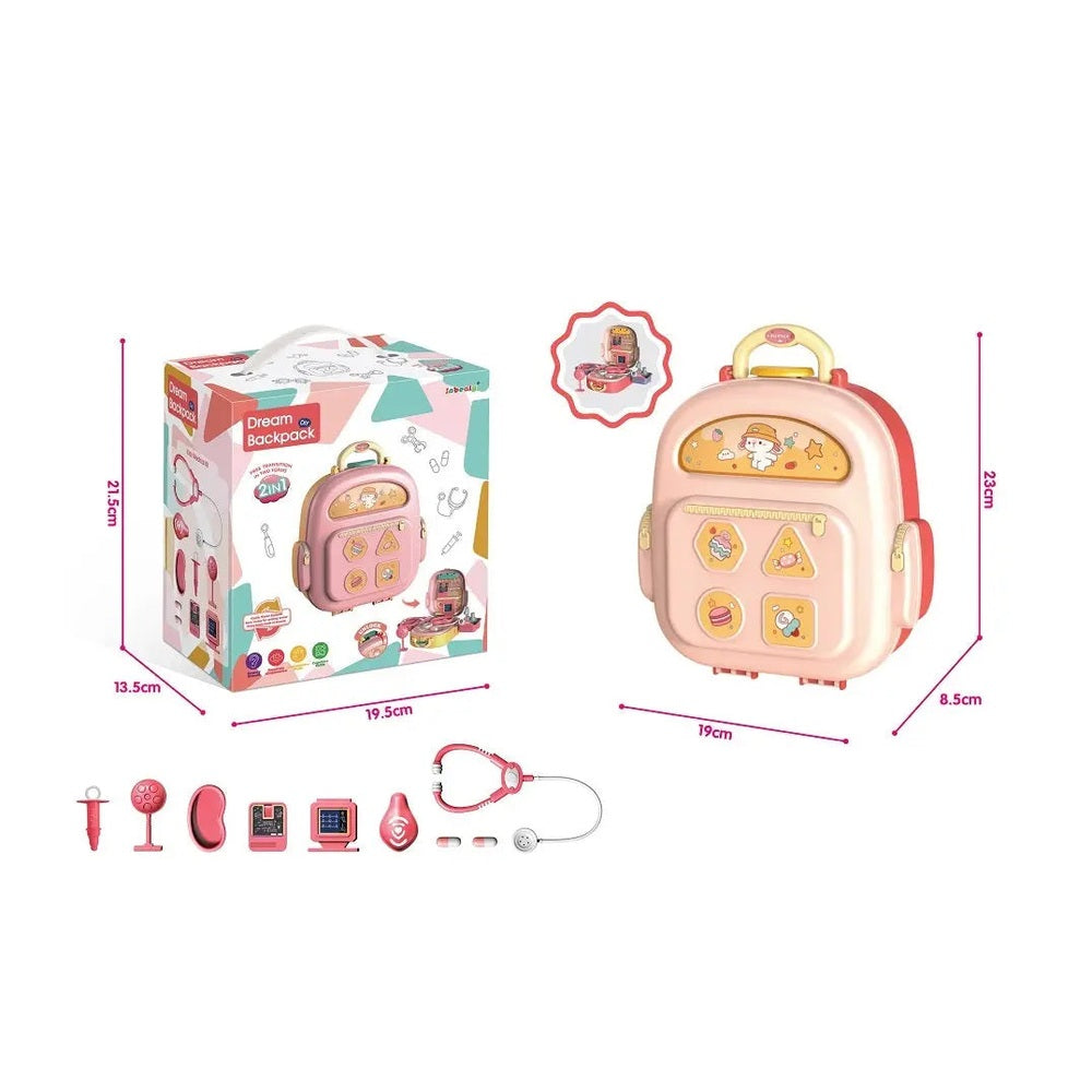 Inbealy Dream Backpack Doctor toy set; pink pastel backpack shown with medical tools laid out for pretend play.