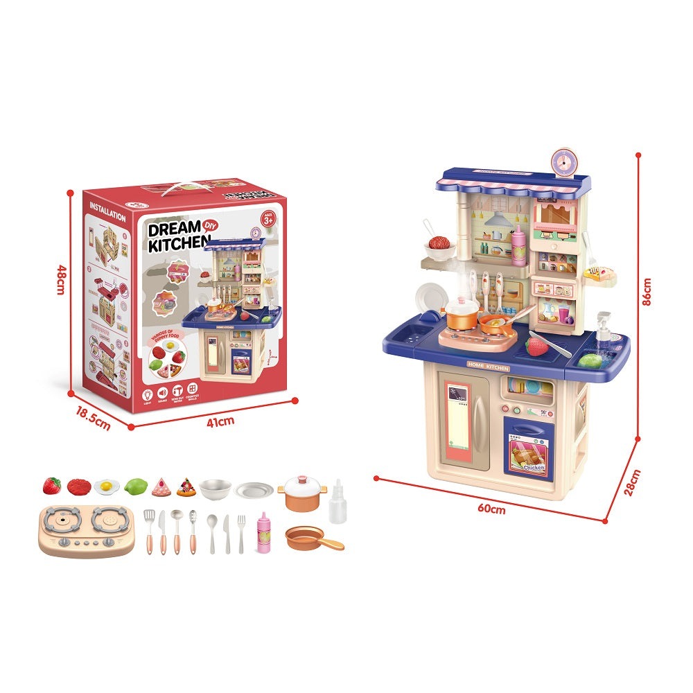 Inbealy Dream Home Kitchen playset with blue and beige kitchen, stove, sink, shelves and 40+ cookware pieces