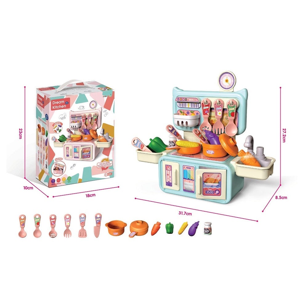 Inbealy Dream Small Kitchen toy set with pastel blue kitchen unit, cookware, utensils and play food