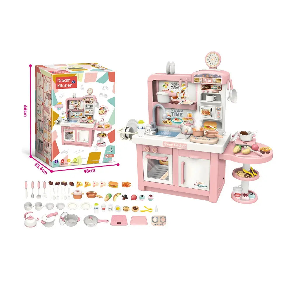 Inbealy Dream Super Kitchen pink pretend play set with stove, sink, oven, clock, and 100+ accessories laid out.