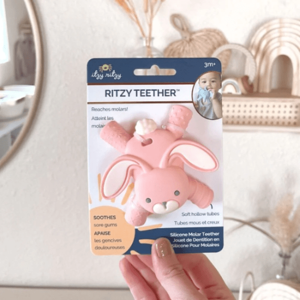 Itzy Ritzy molar teether for babies, pink bunny silicone with soft hollow tubes