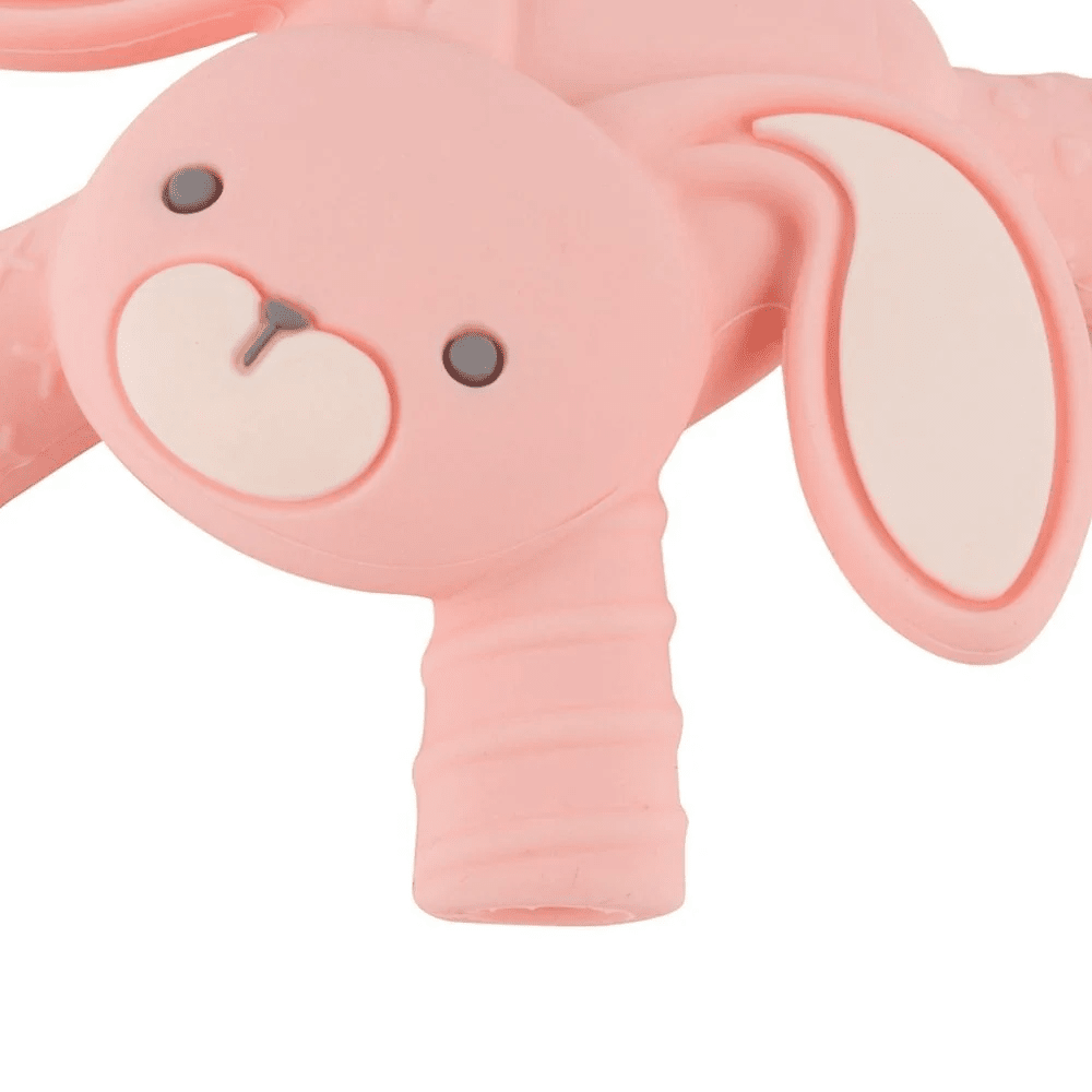 Itzy Ritzy baby molar teether in pink bunny design with soft silicone texture