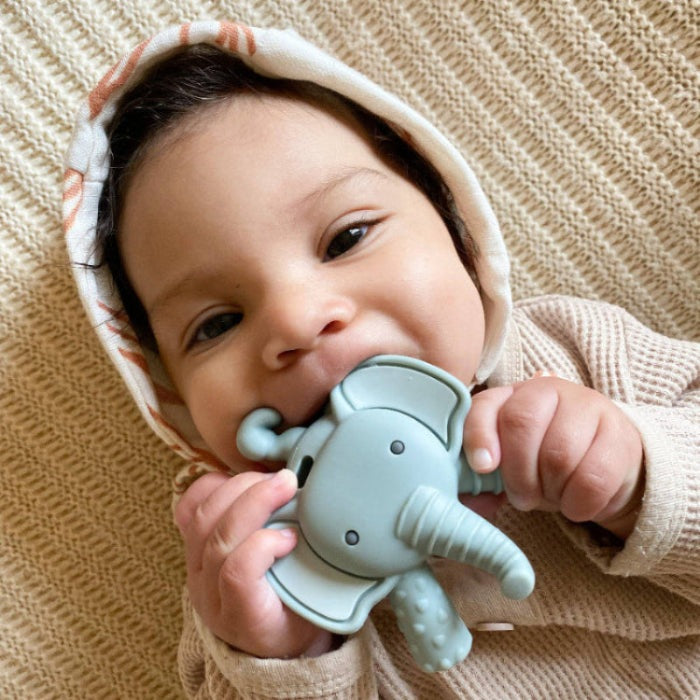 Itzy Ritzy baby molar teether in light blue elephant silicone teething toy