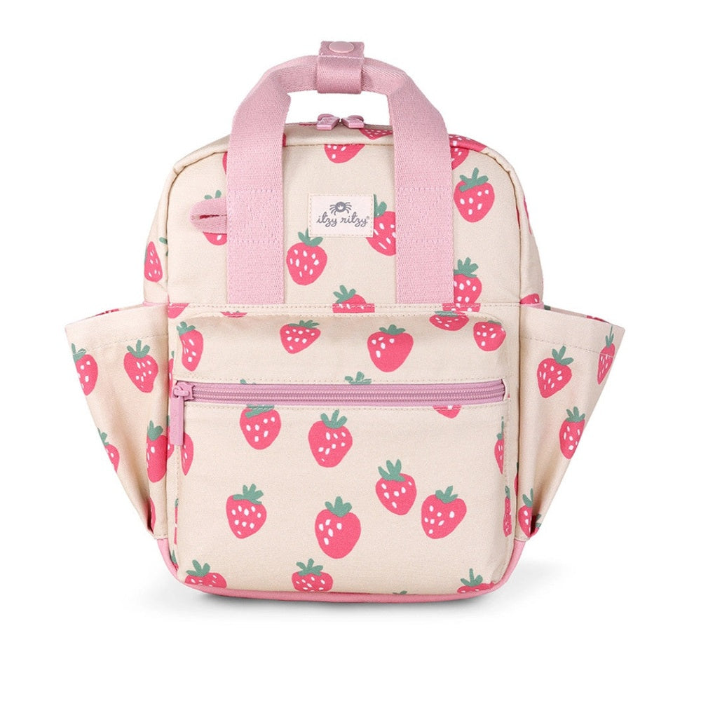 Itzy Ritzy Backpack strawberry print with pink straps; features a zipped front pocket.