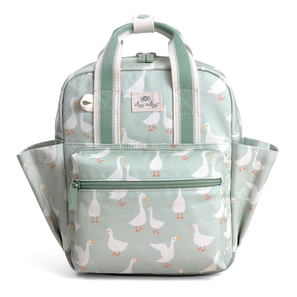 Itzy Ritzy Backpack One Silly Goose toddler backpack front view.