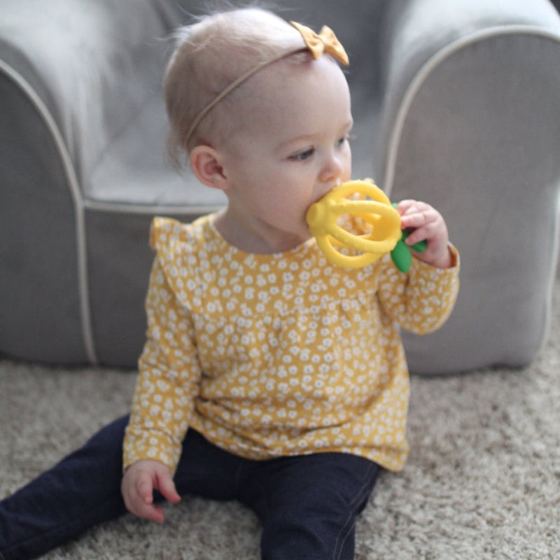 Itzy Ritzy Bitzy Biter Lemon Ball Teether; yellow silicone lemon teether for babies
