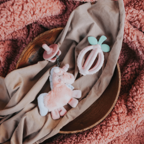 Itzy Ritzy Bitzy Biter Lemon Ball Teether set of 3: pink plush fox, mint ring teether on soft blanket
