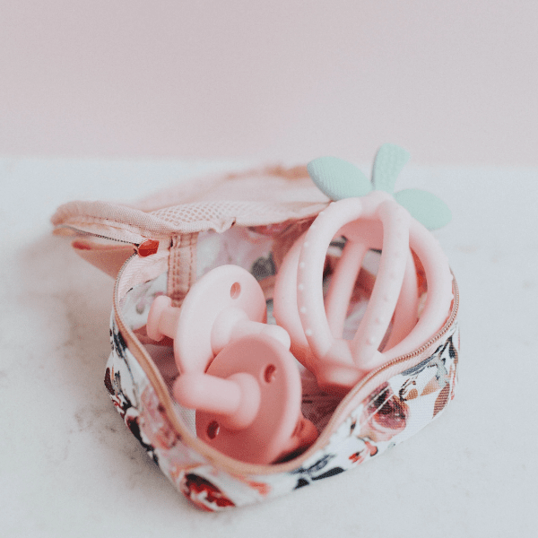 Itzy Ritzy Bitzy Biter Lemon Ball Teether in pink with floral pouch