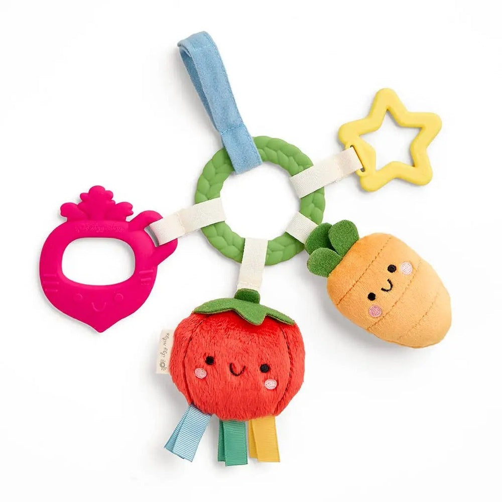 Itzy Ritzy Bitzy Busy Ring Teething Activity Toy, colorful ring with plush strawberry and carrot charms for teething.