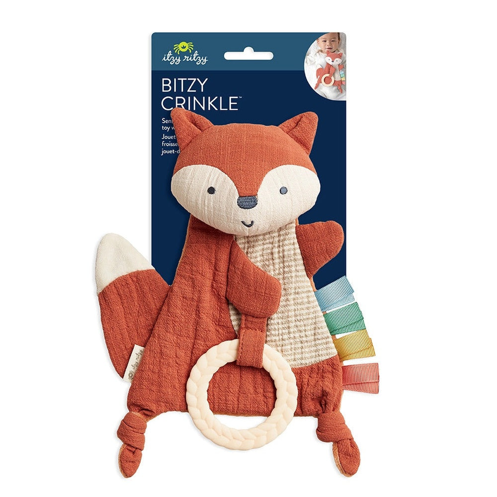 Bitzy Crinkle sensory fox toy with teether; orange plush with cream face and braided ring