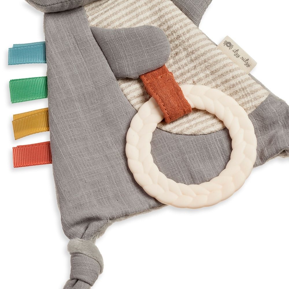 Itzy Ritzy Bitzy Crinkle Sensory Toy with Teether, gray fabric with colorful ribbon tags and white braided ring