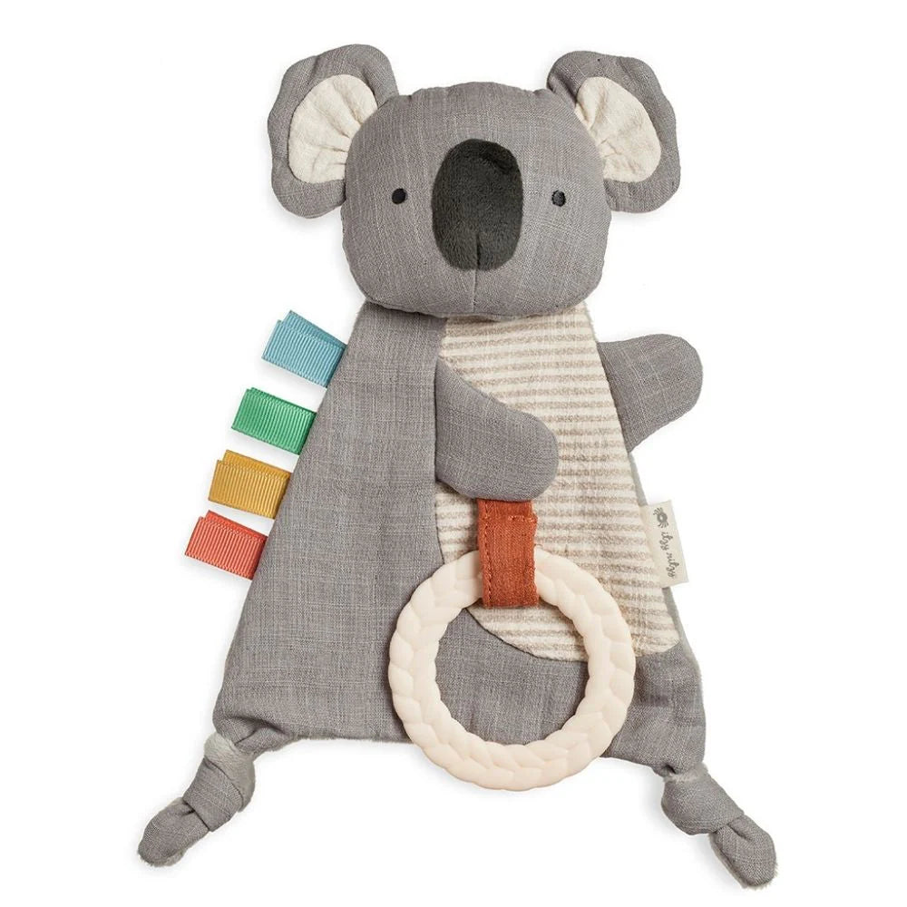 Itzy Ritzy Bitzy sensory koala toy with teether ring and colorful ribbon tags