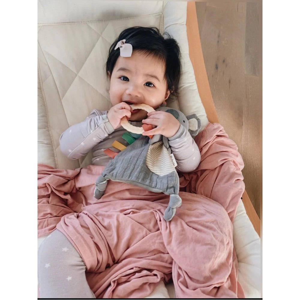 Itzy Ritzy Bitzy Crinkle Sensory Toy with Teether in gray plush with colorful ribbon accents