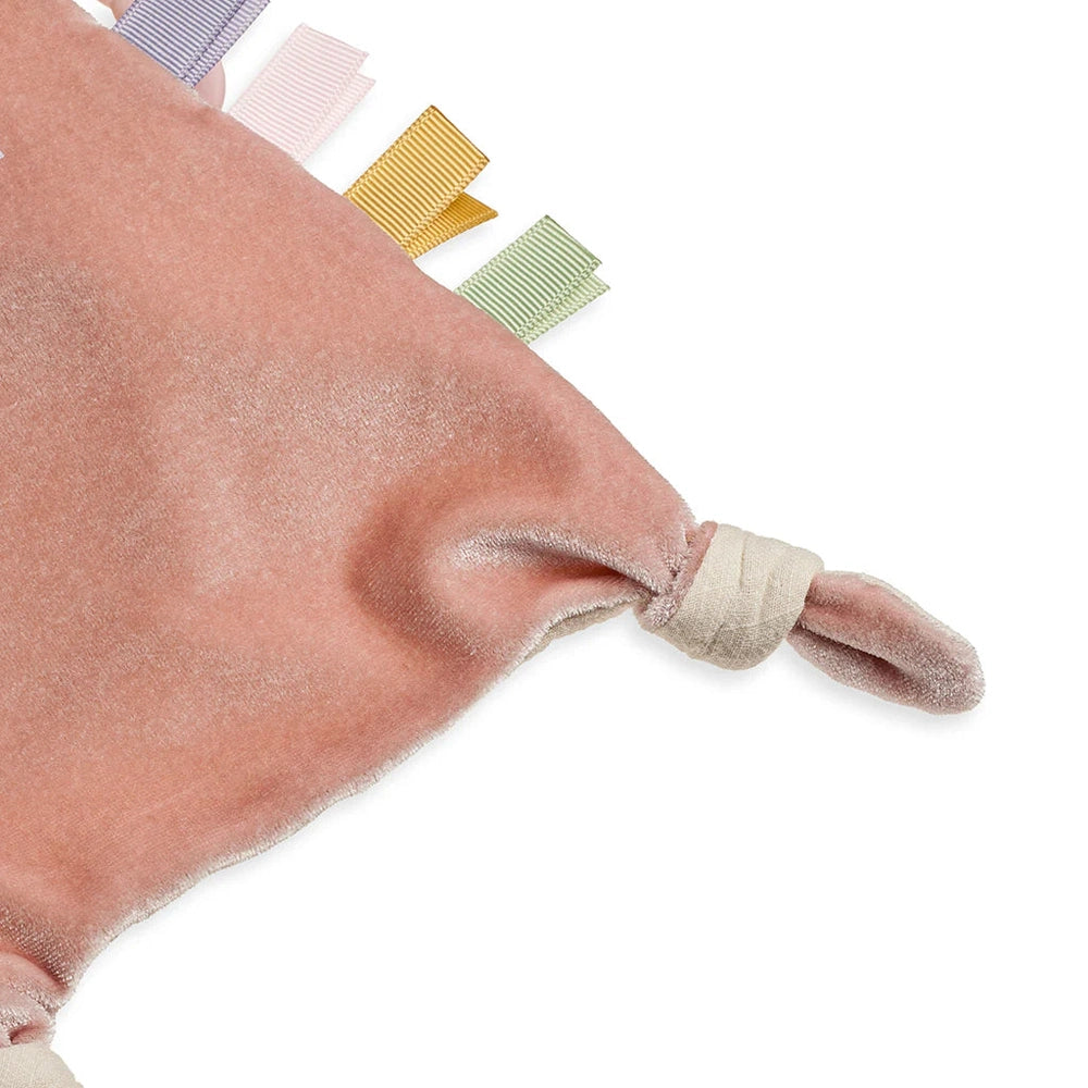 Itzy Ritzy Bitzy Crinkle Sensory Toy with Teether, pink plush with multicolor ribbon tabs