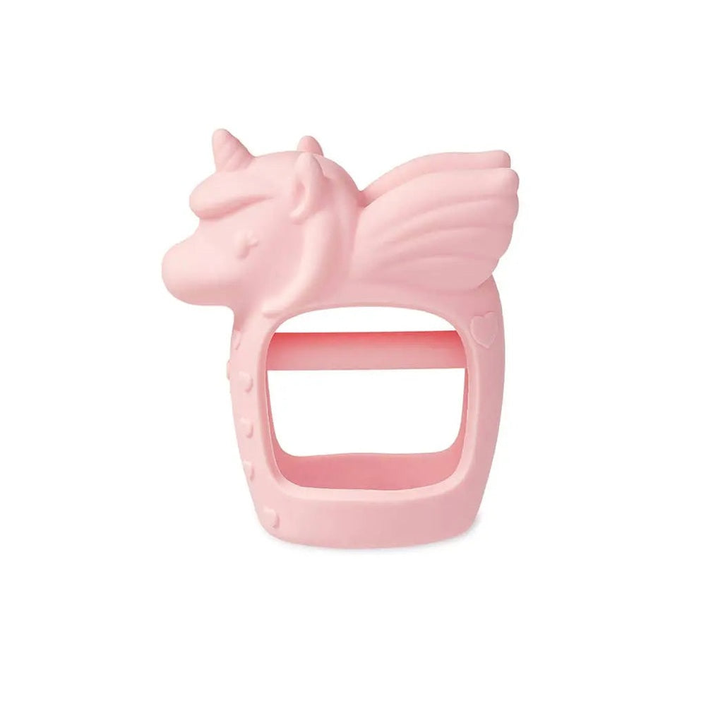 Itzy Ritzy Bitzy Grip unicorn teething ring in soft pink silicone, with a chunky easy-grip handle.