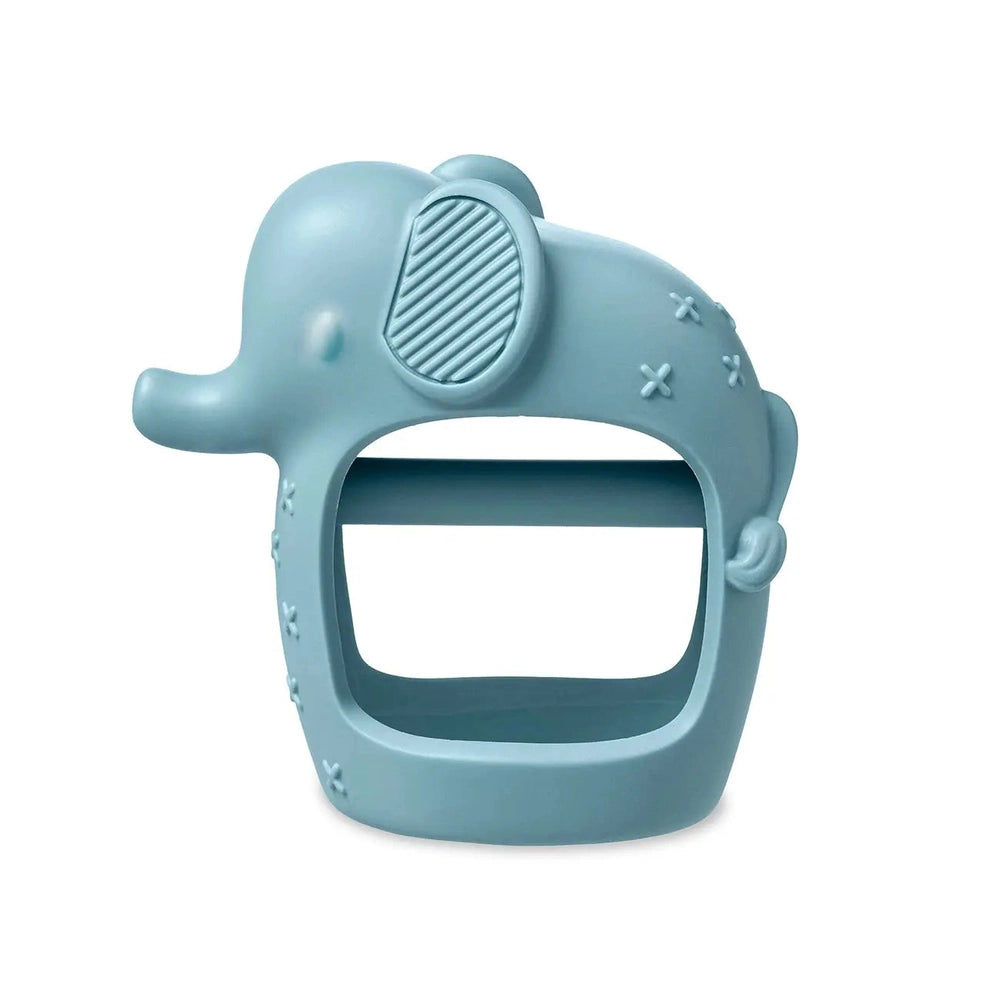 Itzy Ritzy Bitzy Grip teether, blue silicone elephant with striped ear texture and easy-grip opening.