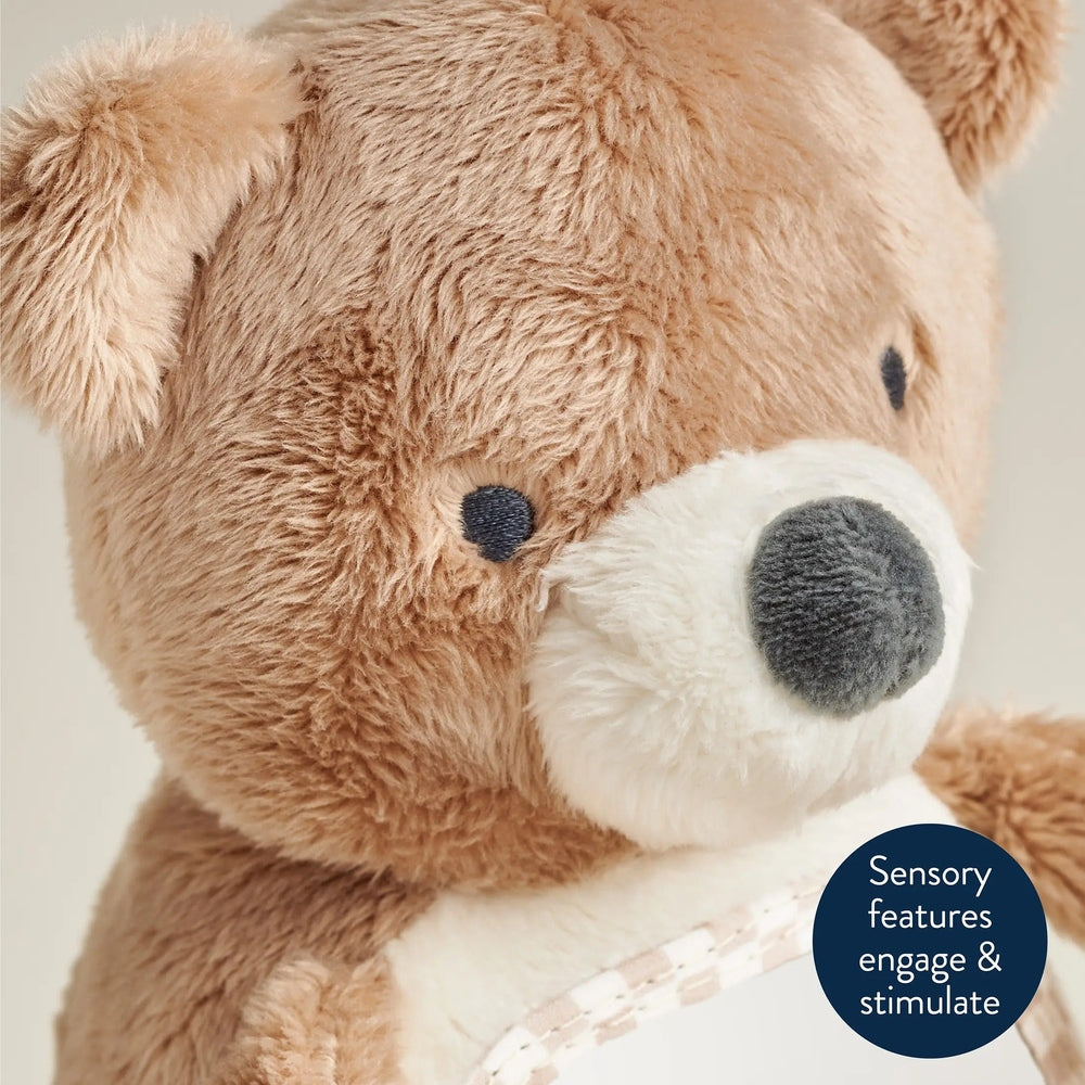 Itzy Ritzy Bitzy Mirror Theo the Bear plush toy, soft tan fur with white muzzle, strap, and sensory features.