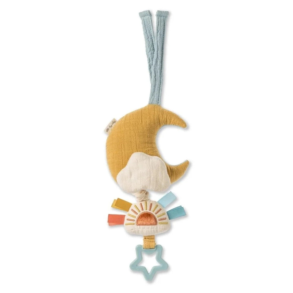 Itzy Ritzy Bitzy Notes Moon and Sun musical pull-down toy; plush moon, sun, teal ribbons, star charm