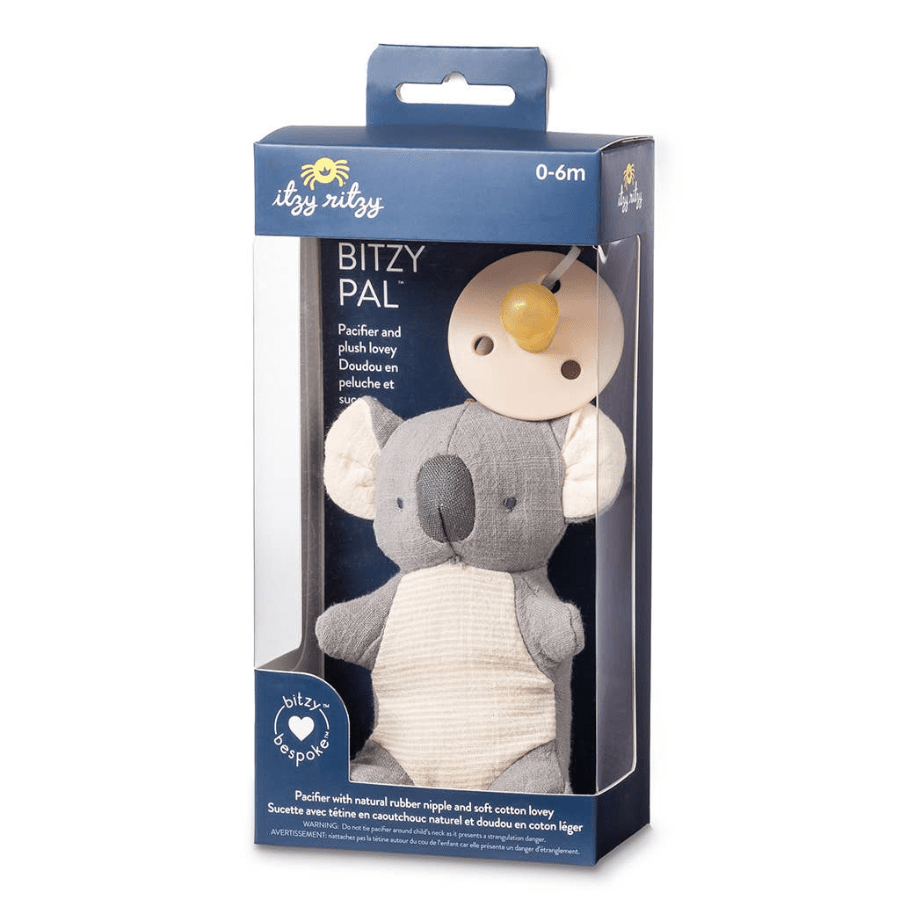 Itzy Ritzy Bitzy Pal natural rubber pacifier and plush koala toy, gray with white belly