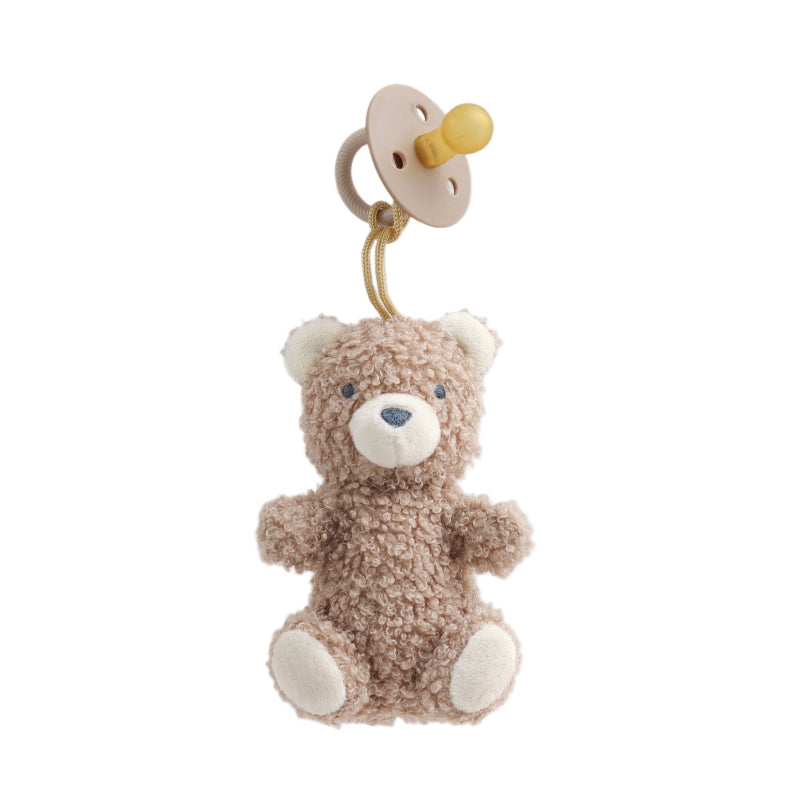 Itzy Ritzy Bitzy Pal plush teddy with natural rubber pacifier clip in beige-brown