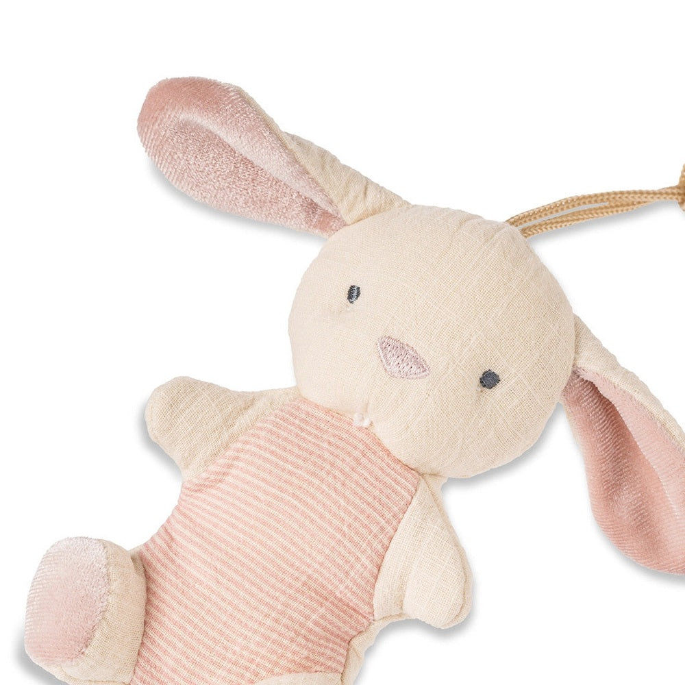Itzy Ritzy Bitzy Pal plush bunny with natural rubber pacifier; cream body and pink striped belly