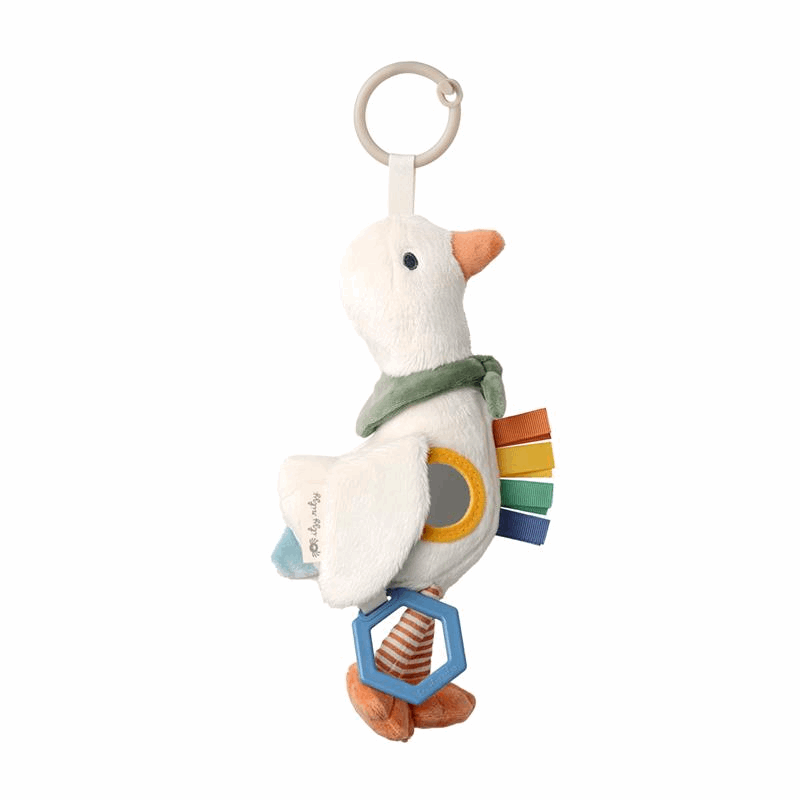 Itzy Ritzy Bitzy Traveler plush bird keychain with multicolor ribbons and blue hexagon teether