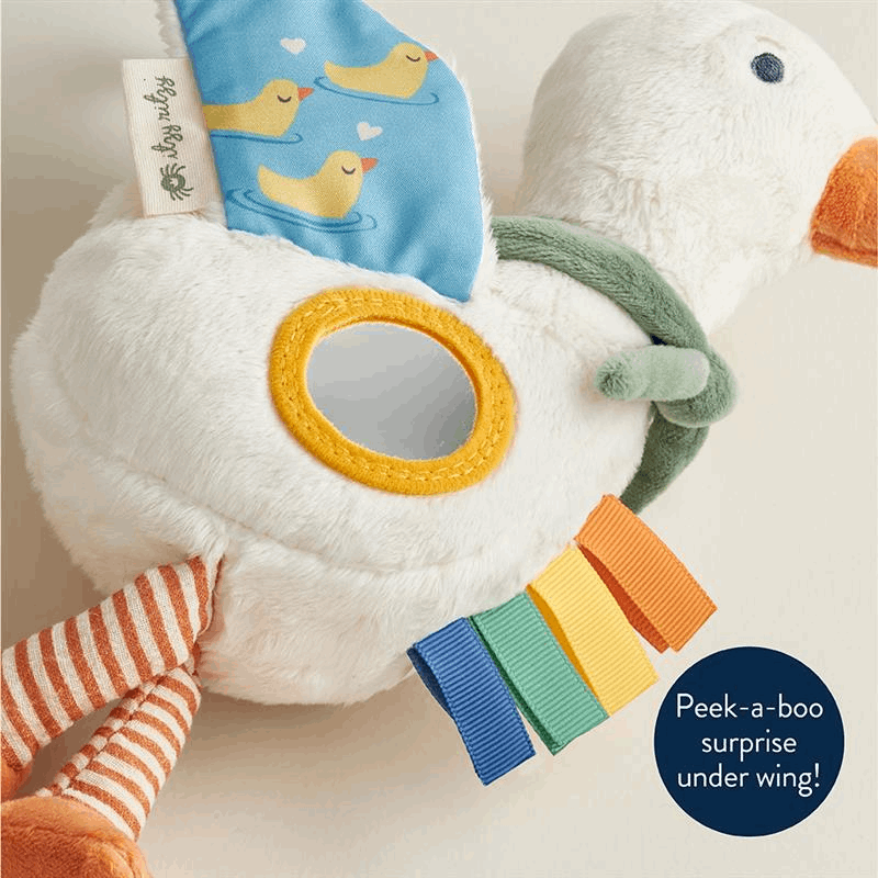 Itzy Ritzy Bitzy Traveler plush baby activity toy with mirror and rainbow ribbons