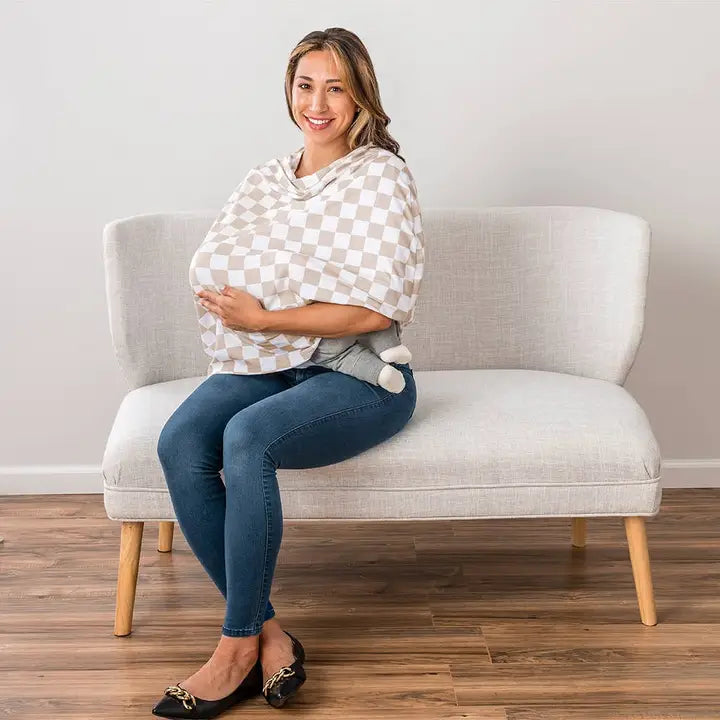 Itzy Ritzy Mom Boss 4-in-1 Nursing Cover taupe checkerboard pattern for breastfeeding