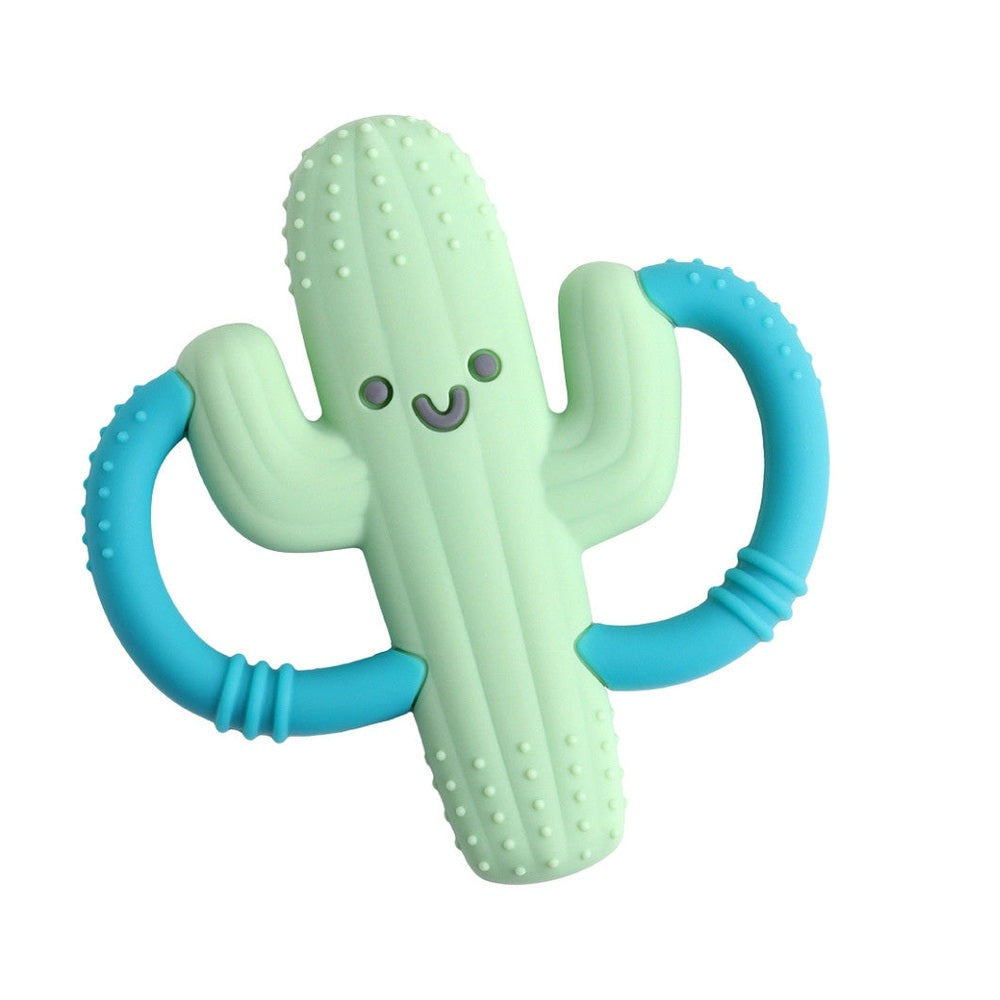 Itzy Ritzy Chew Crew cactus teether in mint green with blue silicone rings for teething.