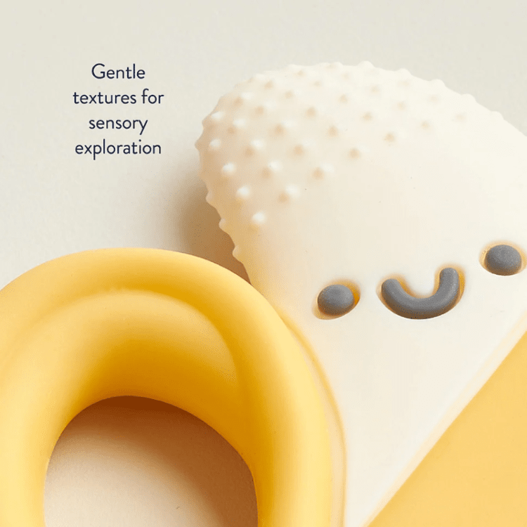 Itzy Ritzy Chew Crew teether set, yellow silicone ring and white textured piece