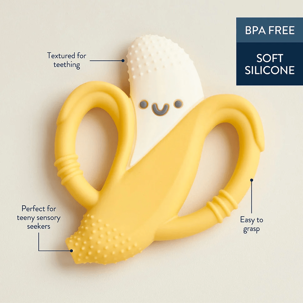 Itzy Ritzy Chew Crew teething toy, yellow and white silicone, textured for teething and easy to grip