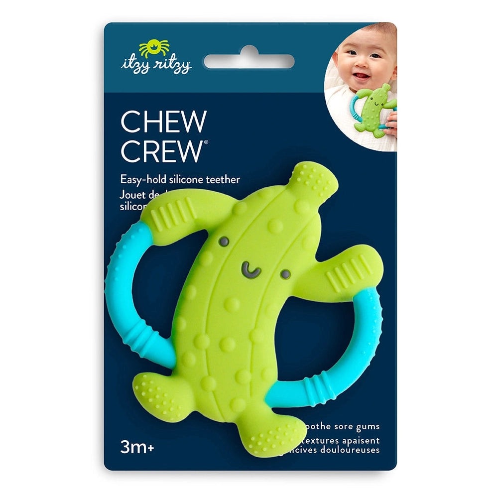 Itzy Ritzy Chew Crew teething toy, lime green silicone with blue handles, cactus-shaped for babies 3m+