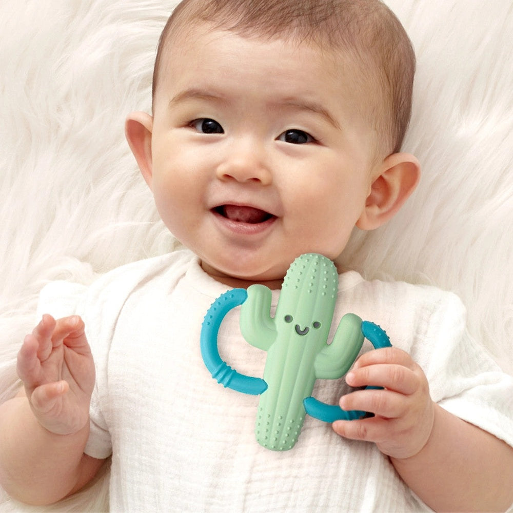 Itzy Ritzy Chew Crew teething toy in mint green cactus with blue handles.