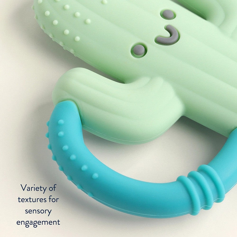 Itzy Ritzy Chew Crew teething toy, mint green with blue handle, silicone textures for sensory engagement