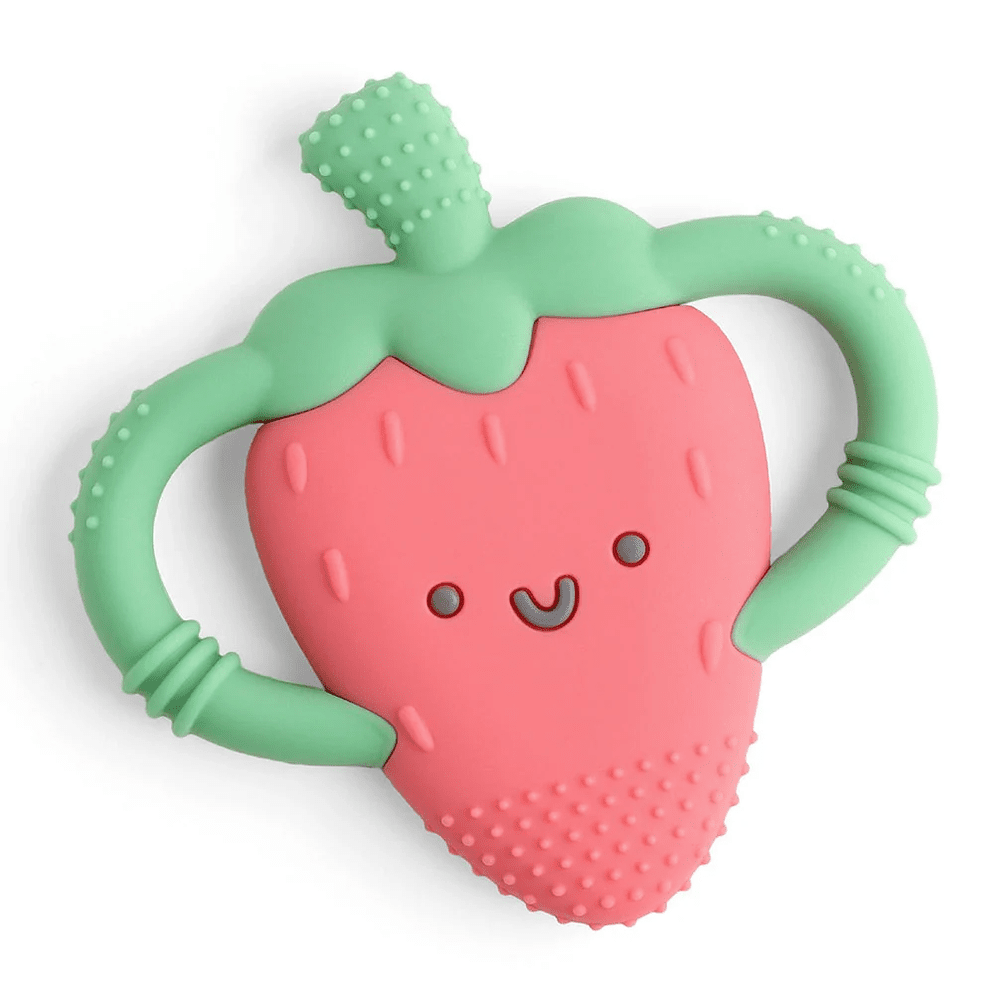 Itzy Ritzy Chew Crew teething toy strawberry character with pink body and green arms
