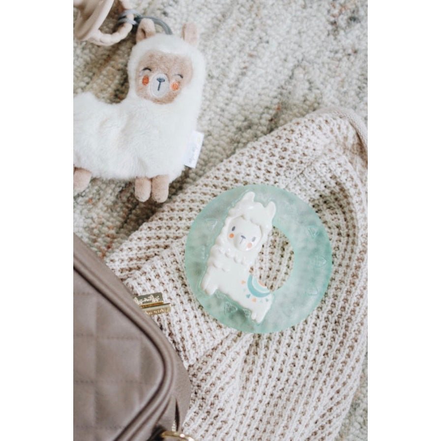 Itzy Ritzy Cute N Cool Water Teether Llama circular teal teether with llama design