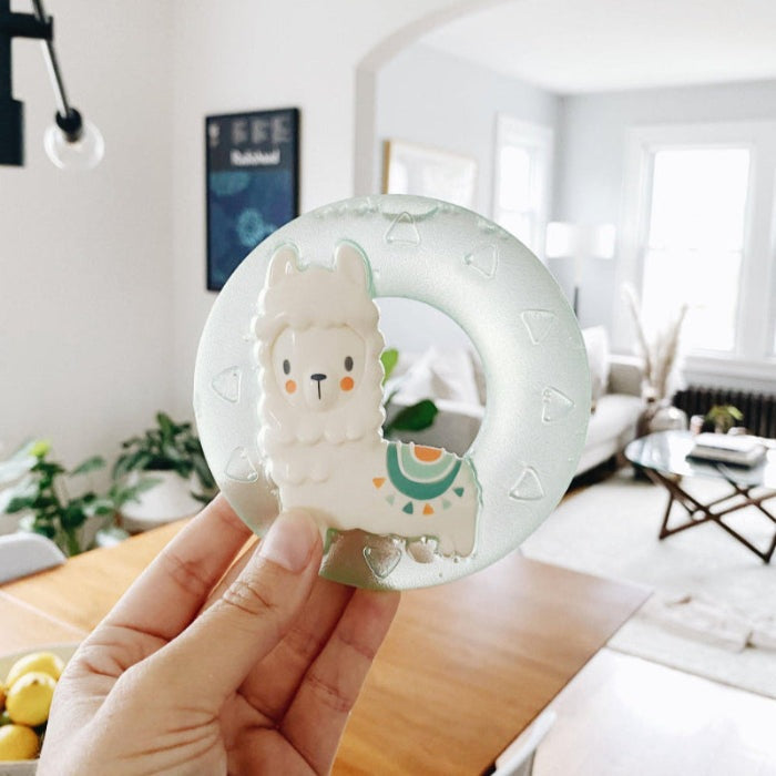 Itzy Ritzy Cute N Cool Water Teether Llama on mint circular ring with llama charm