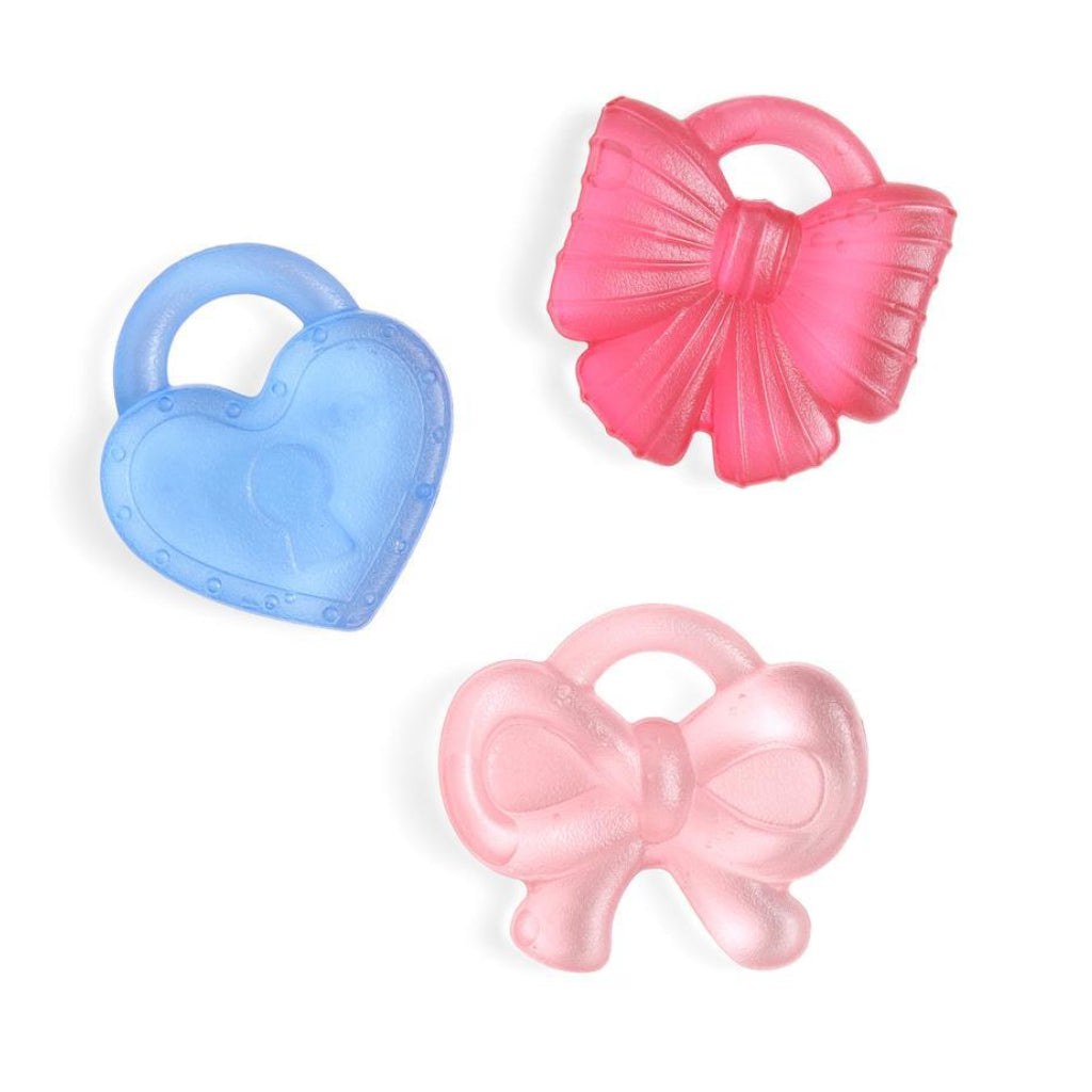 Itzy Ritzy Cutie Coolers Coquette set with blue heart and two pink bow water teethers